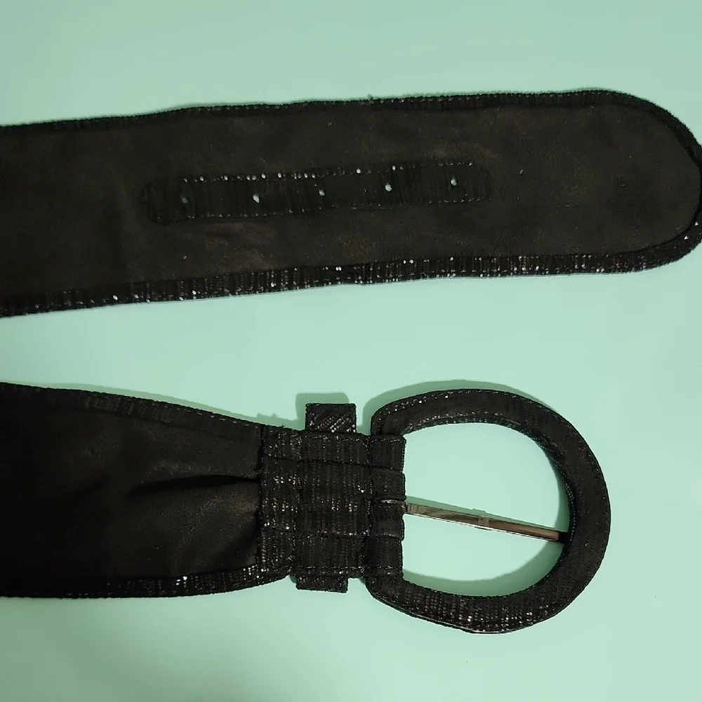 Black Fabric Belt Women's Wide Waist Cinch Accessory Shimmer Texture Elegant